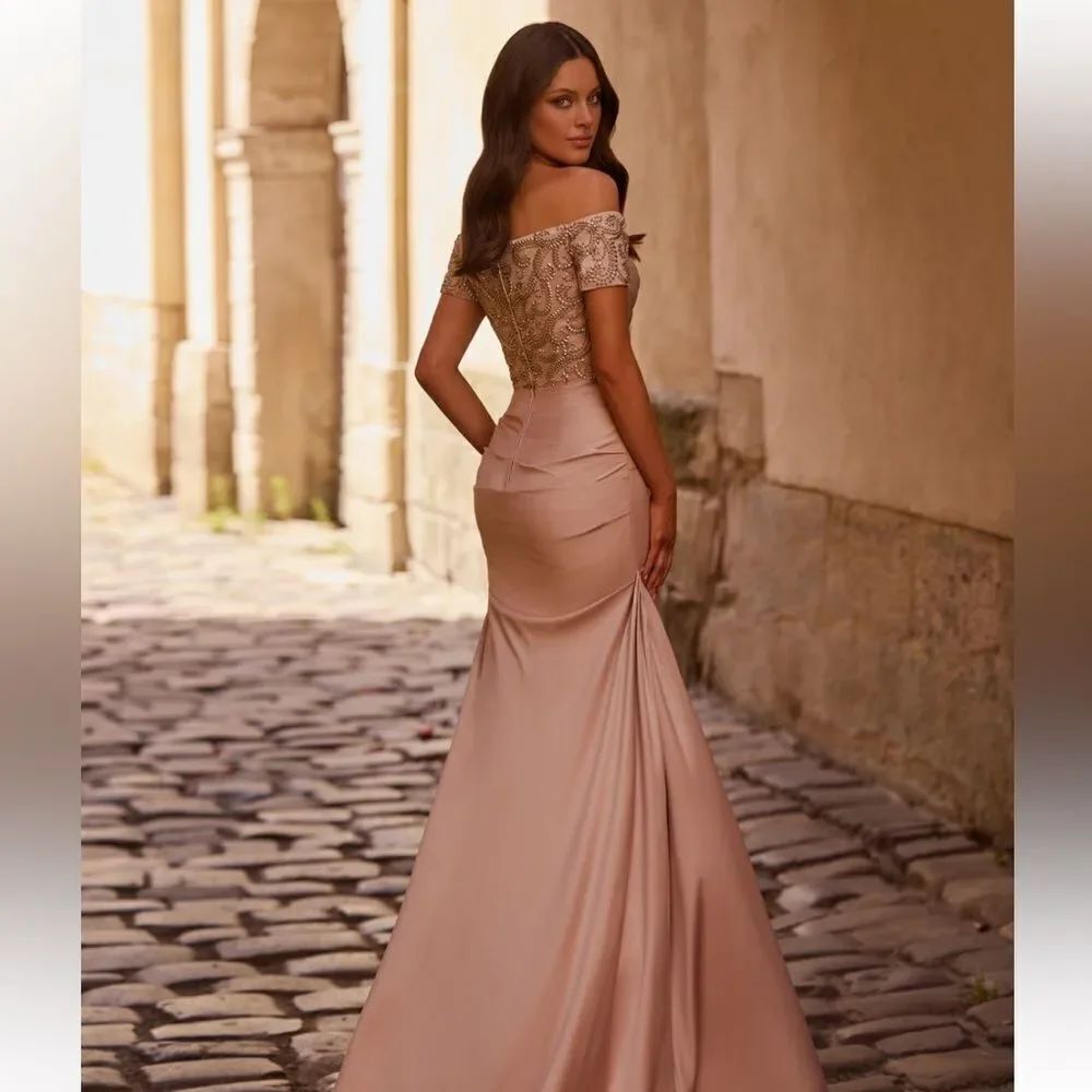 La Femme 25996 Beaded Back Off the Shoulder Ruched Crepe Champagne NWT $599 - Picture 3 of 16
